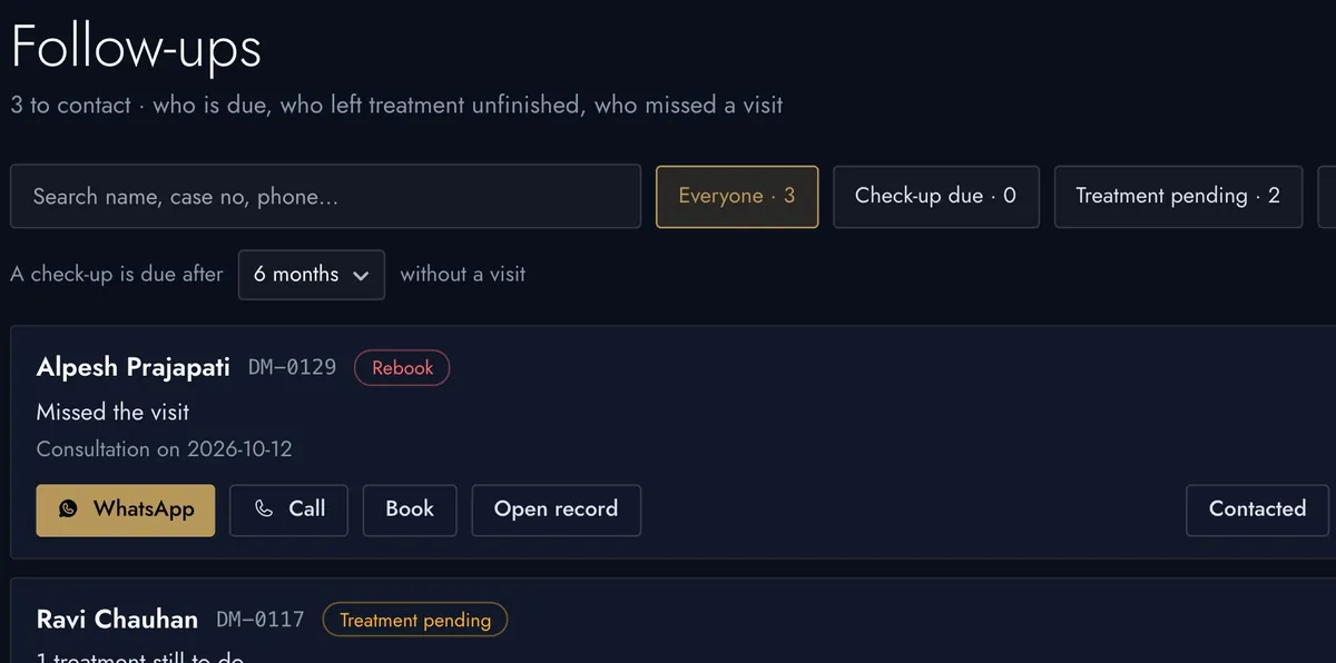 The follow-ups list: check-ups due, treatment unfinished, missed visits