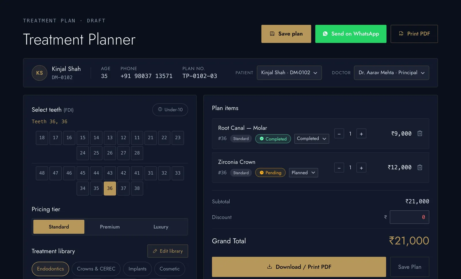 The treatment planner with an FDI tooth chart, pricing tiers and a live total